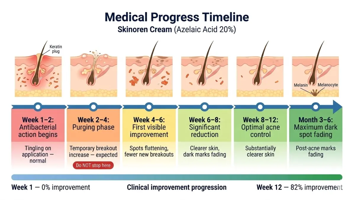 Skinoren treatment timeline diagram showing week by week improvement in acne bacteria clogged pores and hyperpigmentation