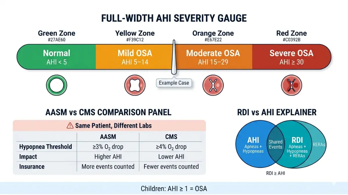 Sleep apnea AHI severity scale chart showing normal mild moderate and severe ranges