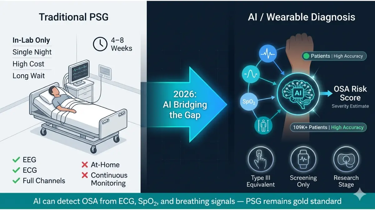 Sleep apnea AI vs traditional diagnosis comparison showing PSG sleep lab and wearable device detection