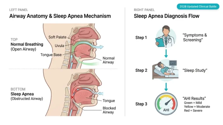 Sleep apnea airway anatomy diagram showing open vs obstructed airway and diagnostic steps