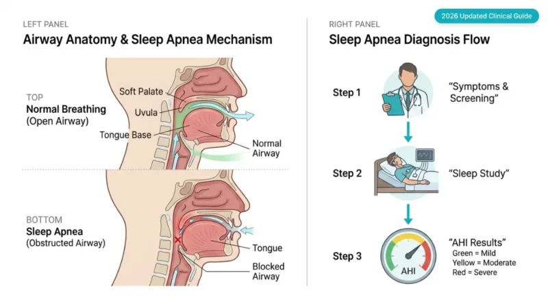 Sleep apnea airway anatomy diagram showing open vs obstructed airway and diagnostic steps