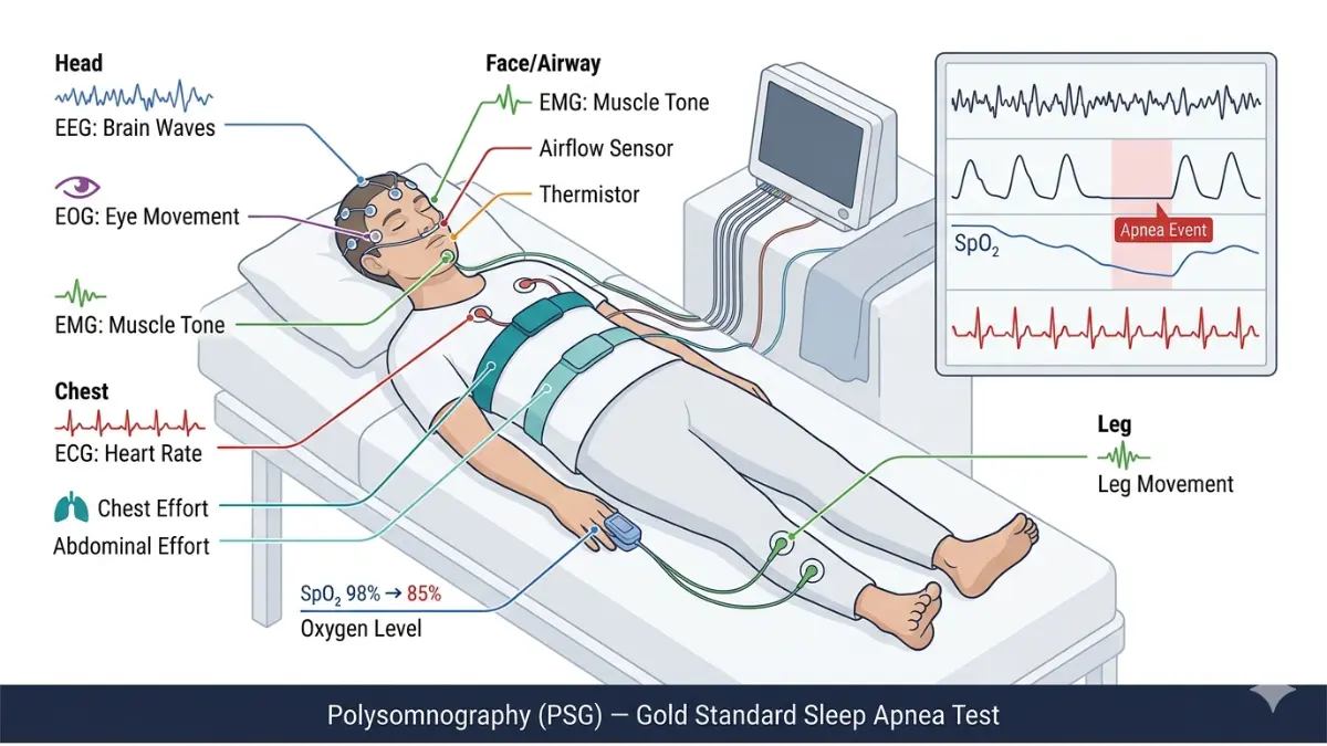 Sleep apnea sleep study polysomnography setup showing EEG ECG airflow sensors and oxygen monitoring