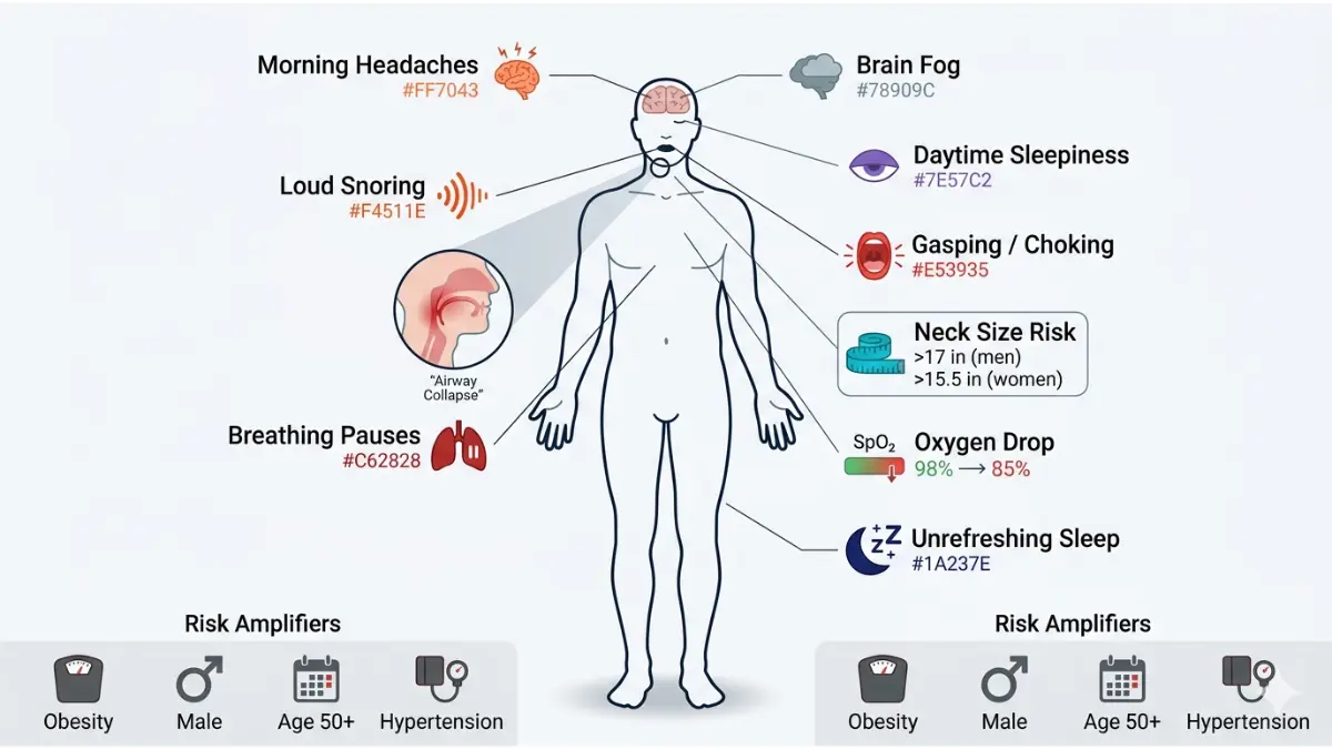 Sleep apnea full body symptoms diagram showing brain fog snoring breathing pauses and oxygen drops