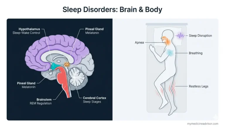 Sleep Disorder brain and body mechanism anatomy diagram showing neurological and physical effects