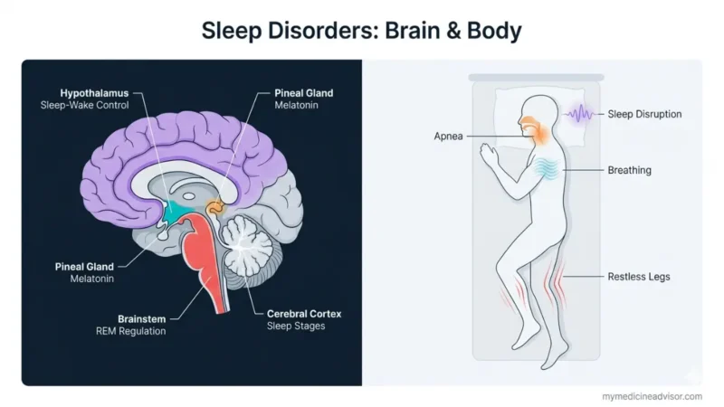 Sleep Disorder brain and body mechanism anatomy diagram showing neurological and physical effects