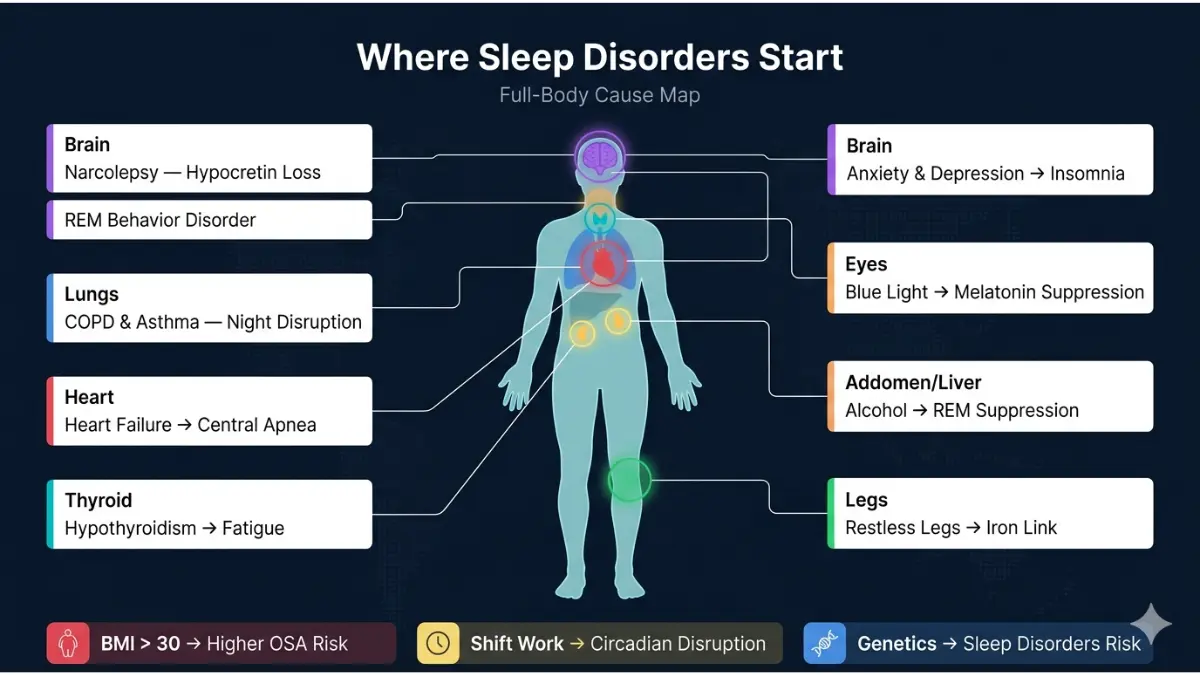 Sleep Disorder causes full body anatomy map showing brain lungs heart thyroid and lifestyle factors