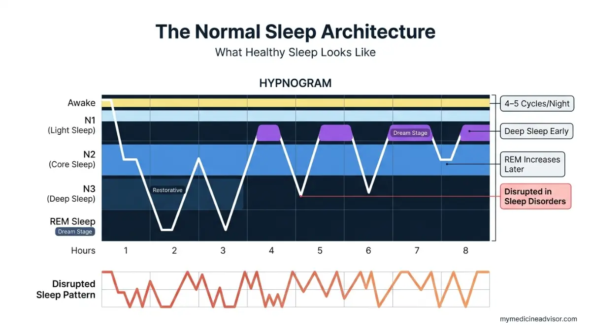 Sleep Disorder normal sleep architecture hypnogram showing sleep stages cycles and REM patterns