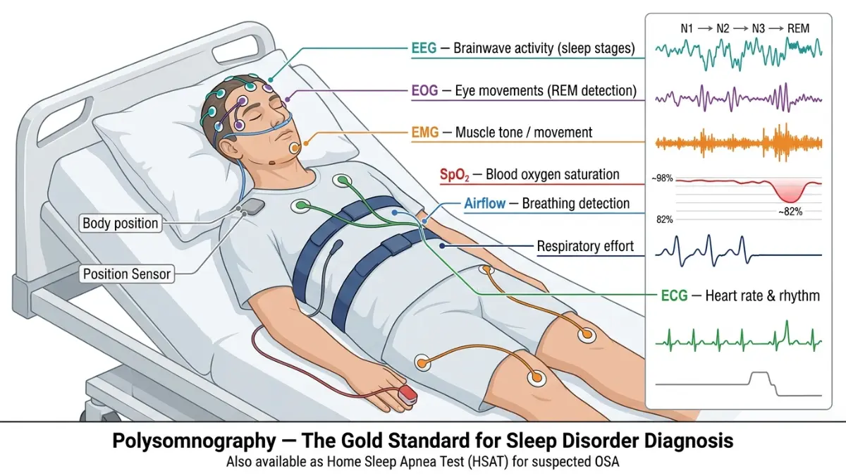 Sleep Disorder medical diagram of polysomnography showing EEG oxygen airflow heart rate and muscle monitoring during sleep study