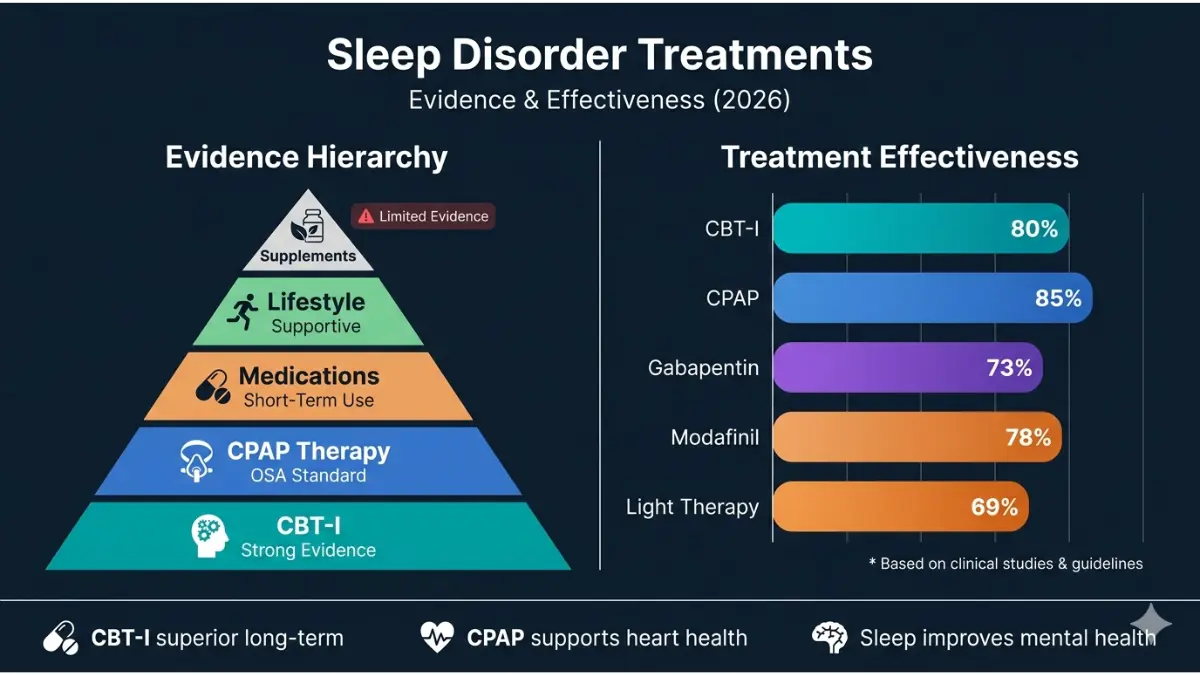 Sleep Disorder treatment evidence pyramid and effectiveness chart comparing CBT CPAP medication and therapies