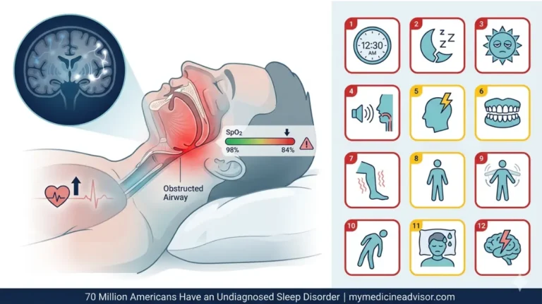 Sleep Disorder medical anatomy diagram showing airway obstruction brain activity disruption and 12 warning signs icons