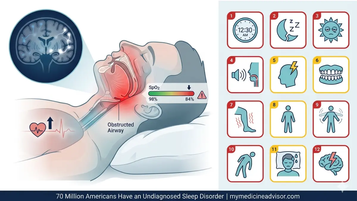 Sleep Disorder medical anatomy diagram showing airway obstruction brain activity disruption and 12 warning signs icons