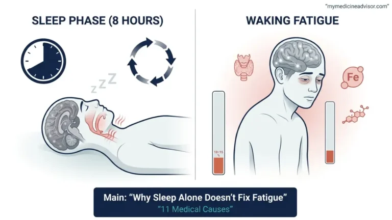 sleep anatomy diagram showing why a person feels tired after 8 hours of sleep with low brain activity and disrupted sleep cycles
