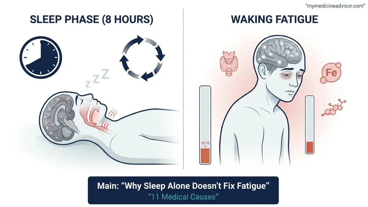 sleep anatomy diagram showing why a person feels tired after 8 hours of sleep with low brain activity and disrupted sleep cycles