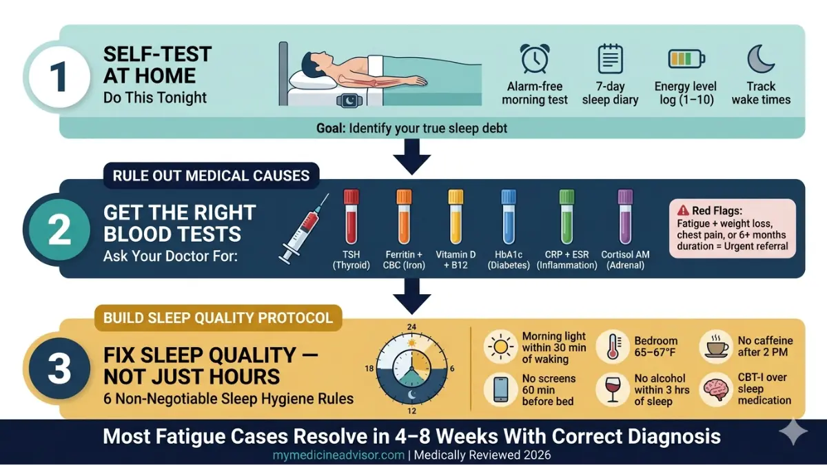 sleep fatigue diagnosis infographic showing 3 step plan including home sleep test blood tests and sleep quality improvement
