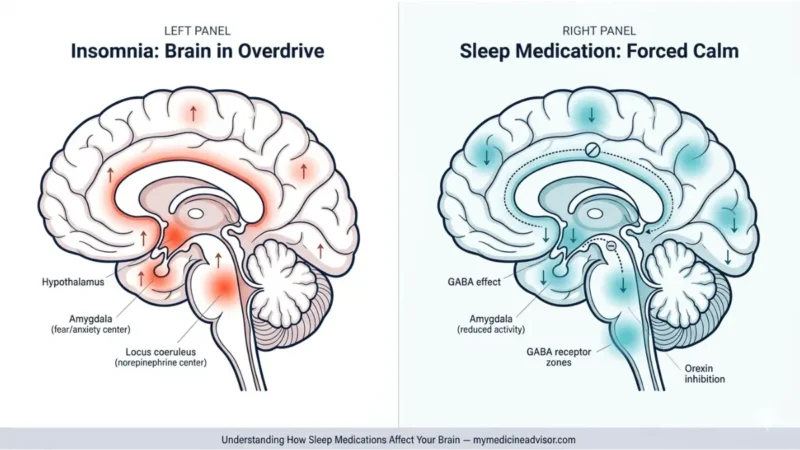 Sleep medications effect on brain showing neurotransmitter activity differences between insomnia and medicated sleep including GABA and orexin pathways