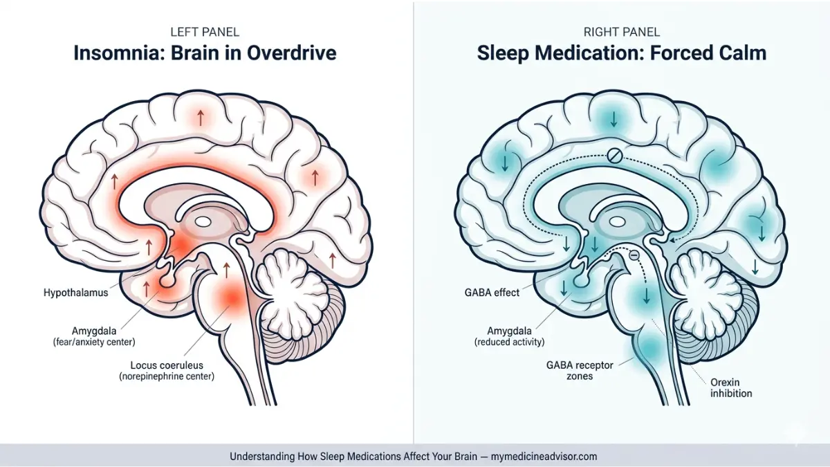Sleep medications effect on brain showing neurotransmitter activity differences between insomnia and medicated sleep including GABA and orexin pathways