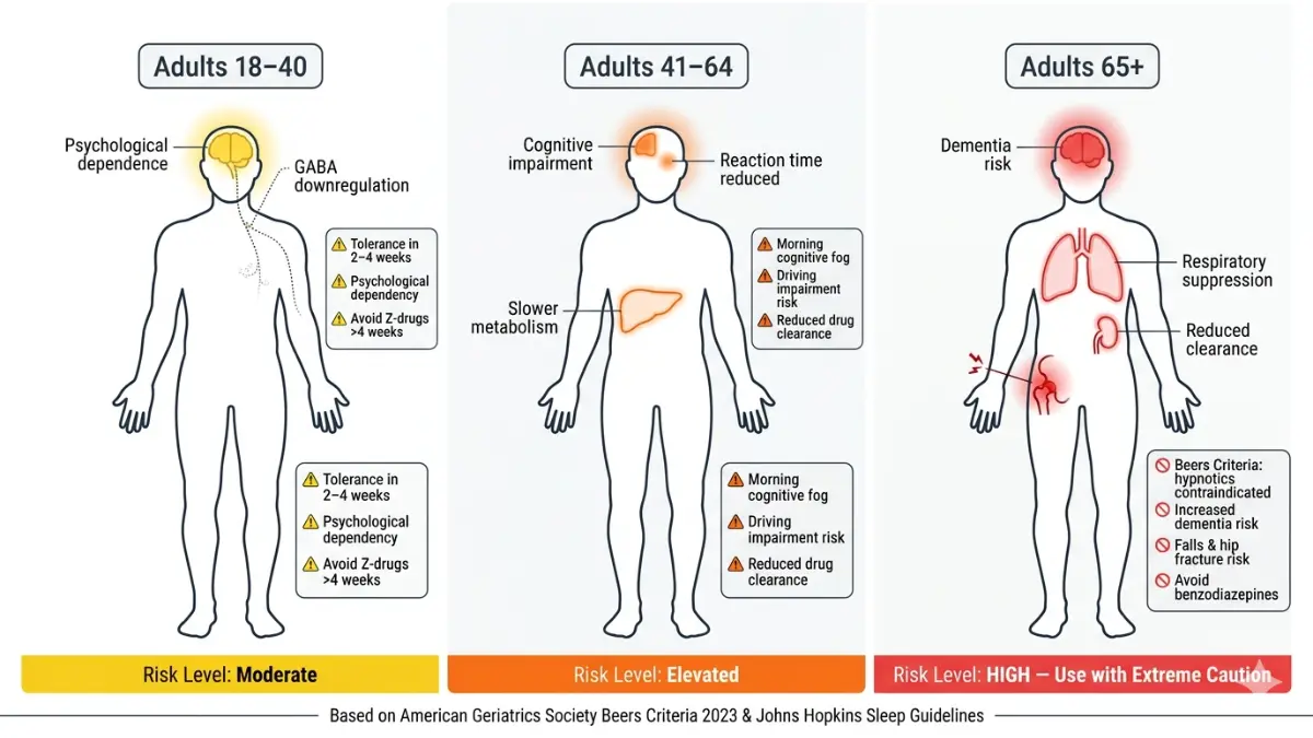 Sleep medications risk by age group showing cognitive impairment dementia risk hip fracture and respiratory suppression in different age groups