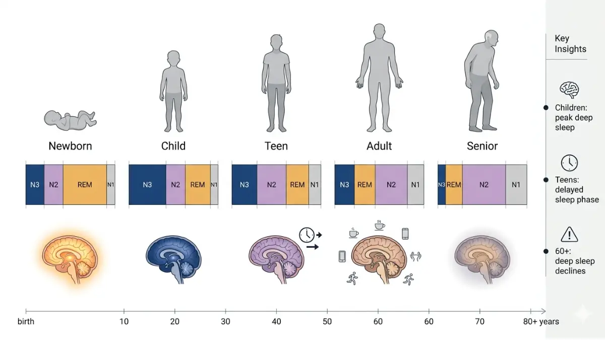 Sleep Stages by age chart showing how deep sleep REM and light sleep change across lifespan