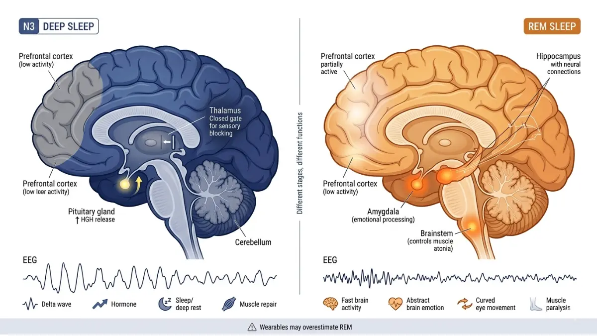 Sleep Stages comparison of deep sleep vs REM showing brain activity differences and functions