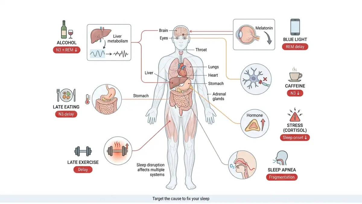 Sleep Stages disruption diagram showing how alcohol caffeine stress and blue light affect sleep