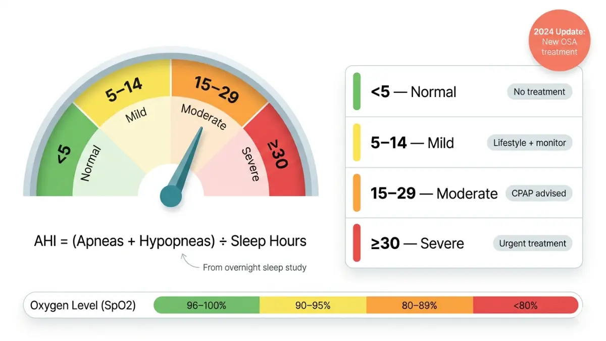 sleep study AHI score chart showing mild moderate severe sleep apnea severity levels and oxygen ranges