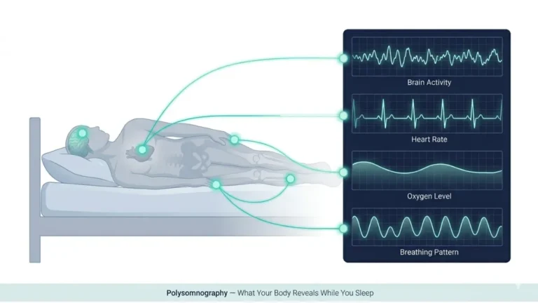 sleep study polysomnography monitoring diagram showing brain heart breathing and oxygen tracking during sleep