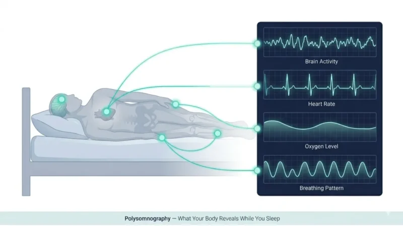 sleep study polysomnography monitoring diagram showing brain heart breathing and oxygen tracking during sleep