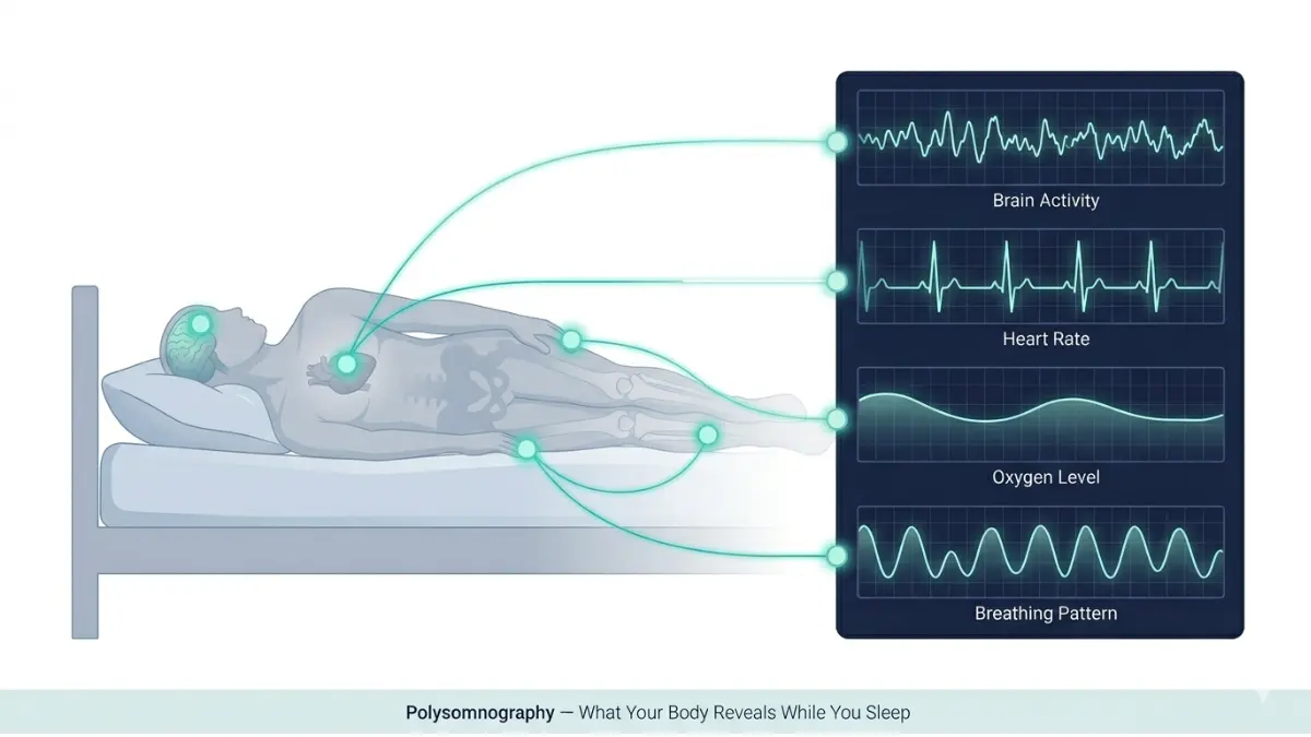sleep study polysomnography monitoring diagram showing brain heart breathing and oxygen tracking during sleep