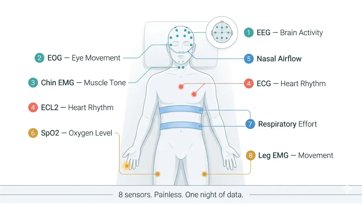 sleep study sensor placement diagram showing EEG EOG EMG ECG airflow oxygen and leg monitoring positions