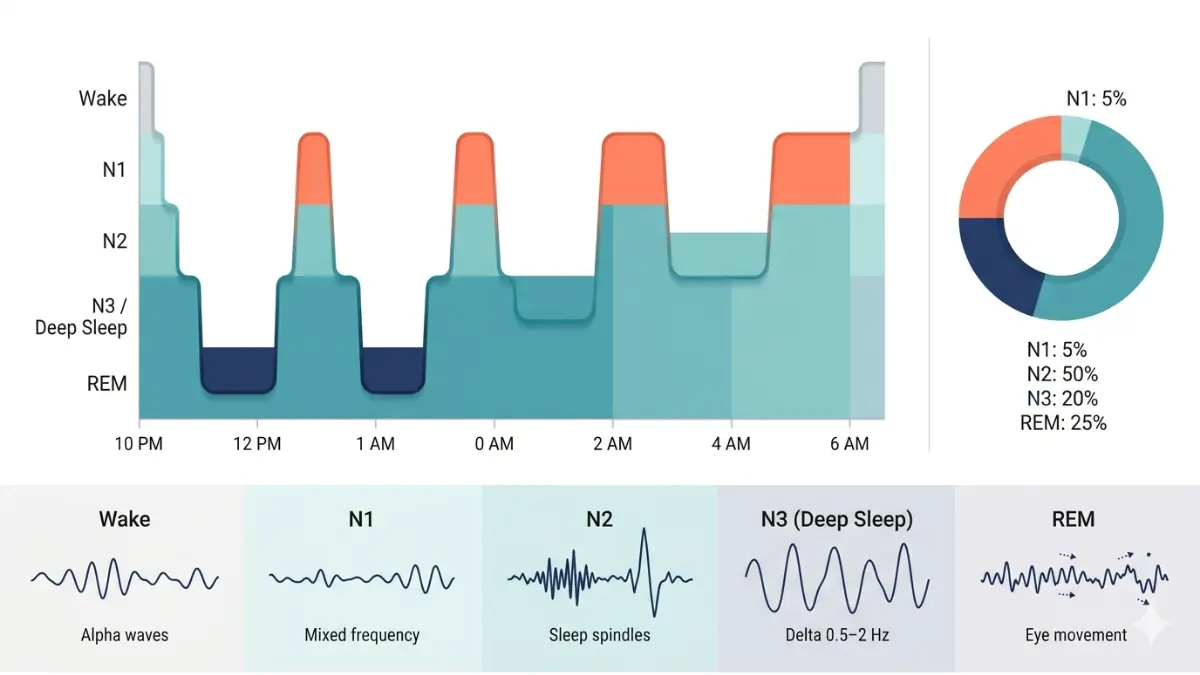 sleep study sleep stages hypnogram with EEG brain wave patterns for N1 N2 N3 REM cycles
