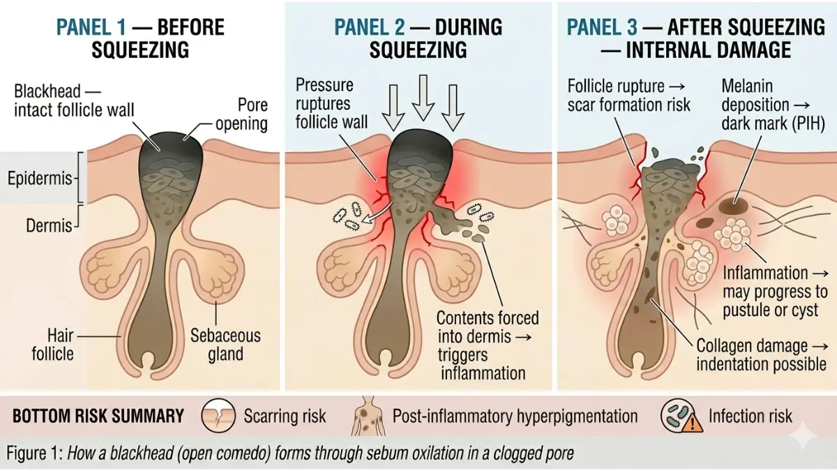 Blackhead removal warning diagram showing internal pore damage from squeezing including follicle rupture scarring and hyperpigmentation