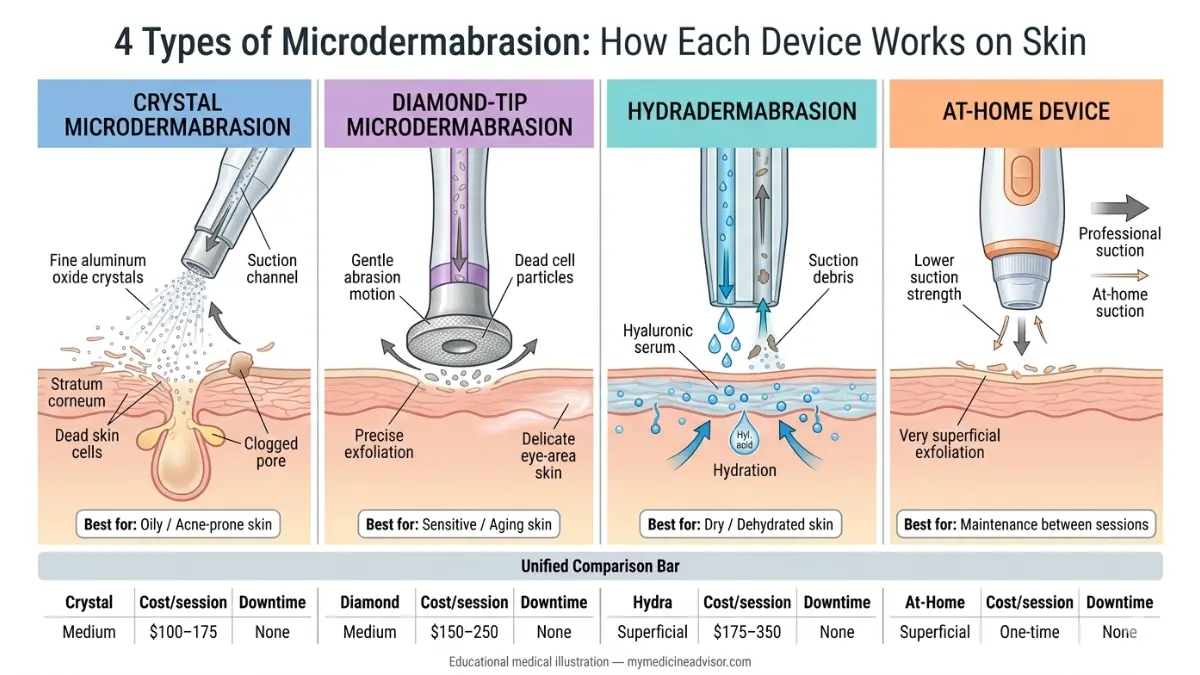 microdermabrasion device comparison showing crystal, diamond-tip, hydradermabrasion, and at-home microdermabrasion systems and their skin effects