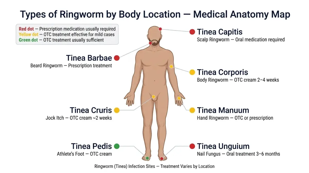 ringworm treatment body location anatomy map showing scalp ringworm, body ringworm, athlete's foot, jock itch and nail fungus infection sites