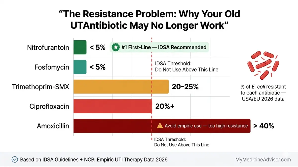 Nitrofurantoin antibiotic resistance comparison chart showing Nitrofurantoin low resistance under 5 percent versus high resistance in amoxicillin and other drugs