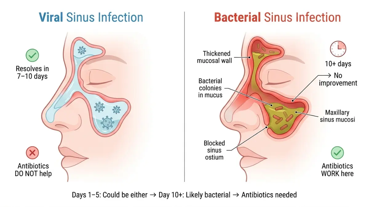 Sinus Infection Antibiotics comparison diagram showing viral vs bacterial sinus infection with mucus thickness and bacteria presence