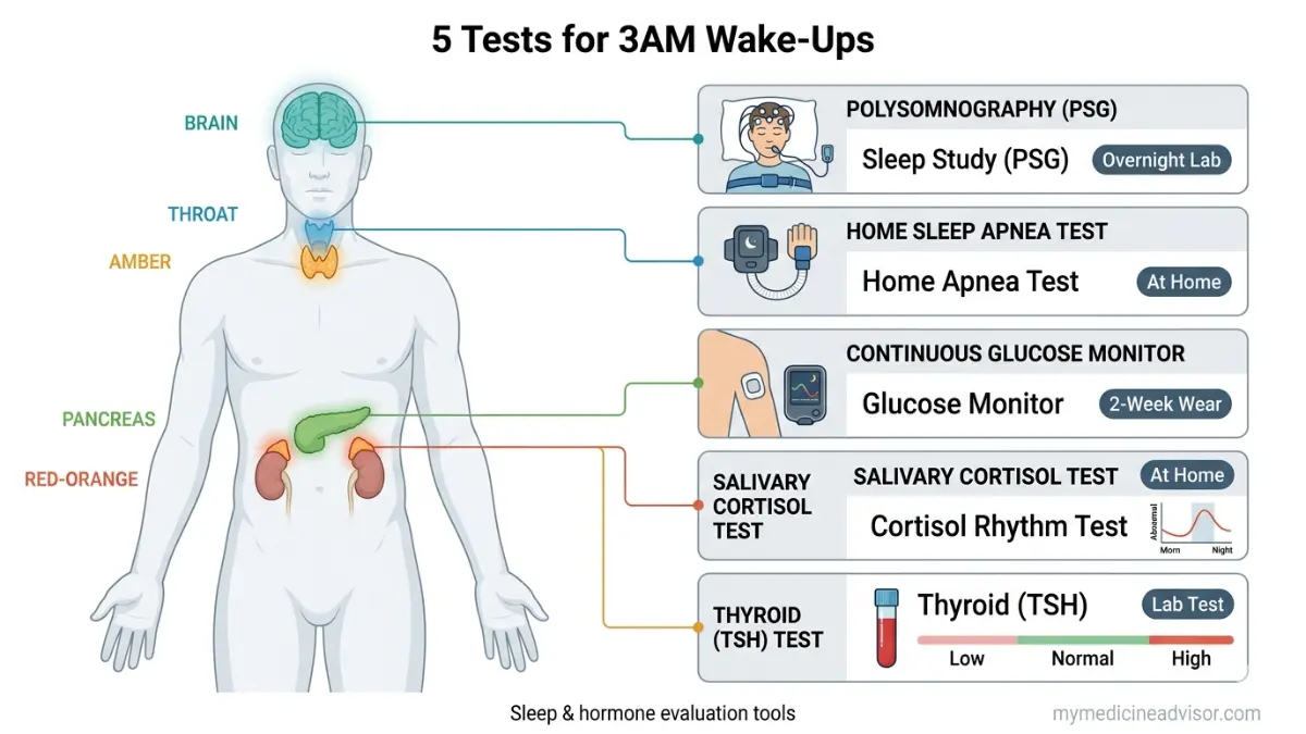 waking up at 3am diagnostic tests diagram showing sleep study CGM cortisol test thyroid and apnea testing