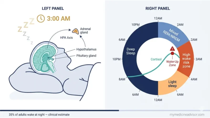 waking up at 3am medical diagram showing HPA axis cortisol pathway and sleep cycle clock with 3am wake risk