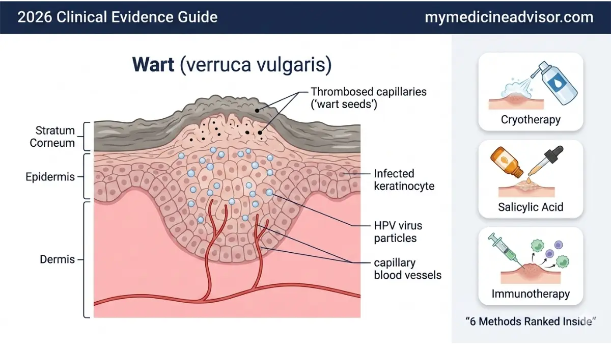 wart removal anatomy diagram showing HPV wart cross section in skin layers with treatment methods like cryotherapy salicylic acid and immunotherapy