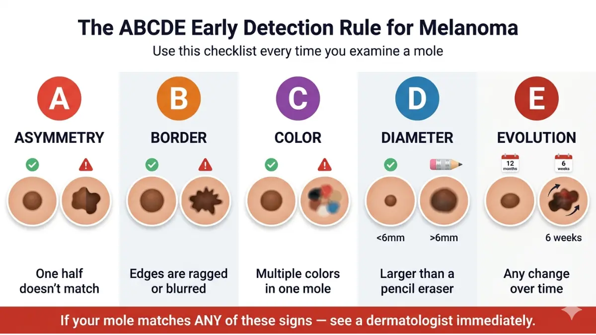 ABCDE rule for detecting Skin Cancer melanoma showing asymmetry border color diameter evolution mole warning signs