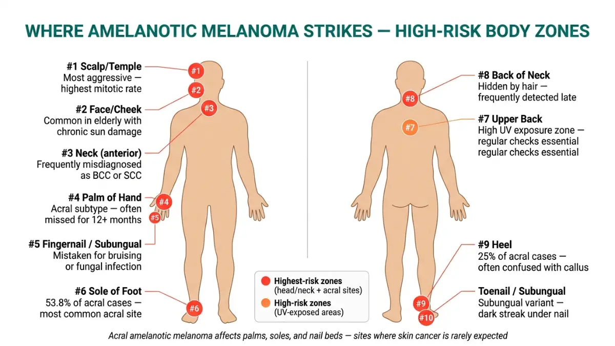 Amelanotic Melanoma body map showing high risk locations including scalp palms soles and nail beds with anatomical callouts