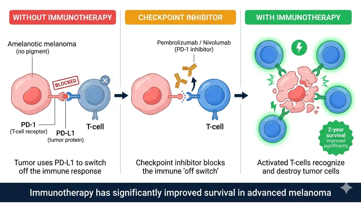 Amelanotic Melanoma immunotherapy mechanism diagram showing PD1 PD-L1 interaction and how checkpoint inhibitors activate T cells