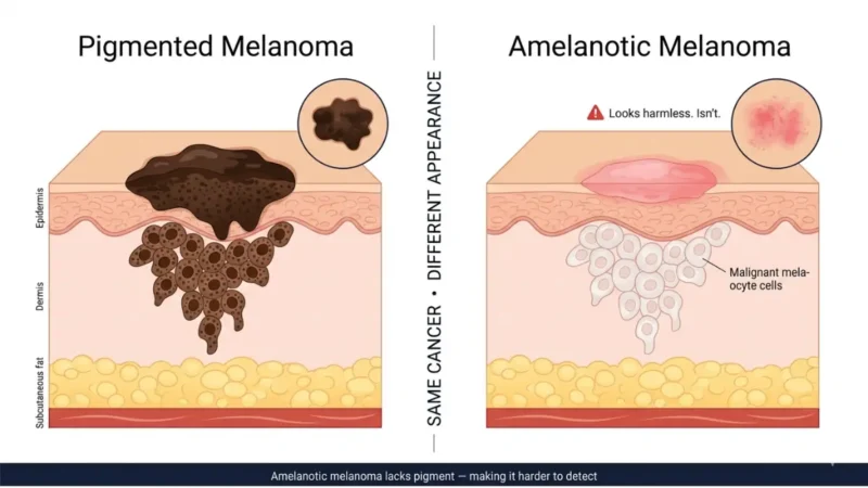 Amelanotic Melanoma comparison diagram showing pink colorless lesion vs pigmented melanoma dark lesion in skin cross-section anatomy