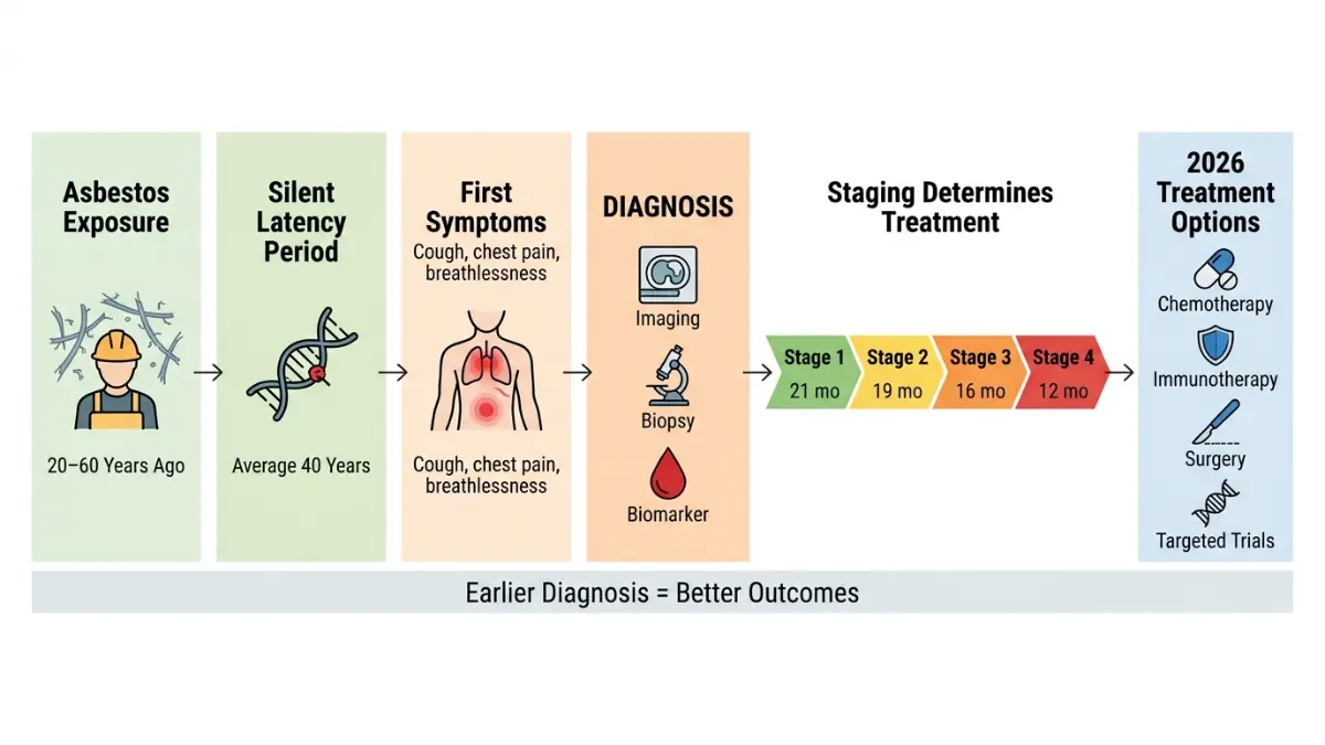 Asbestos Exposure timeline from exposure to diagnosis staging and treatment options