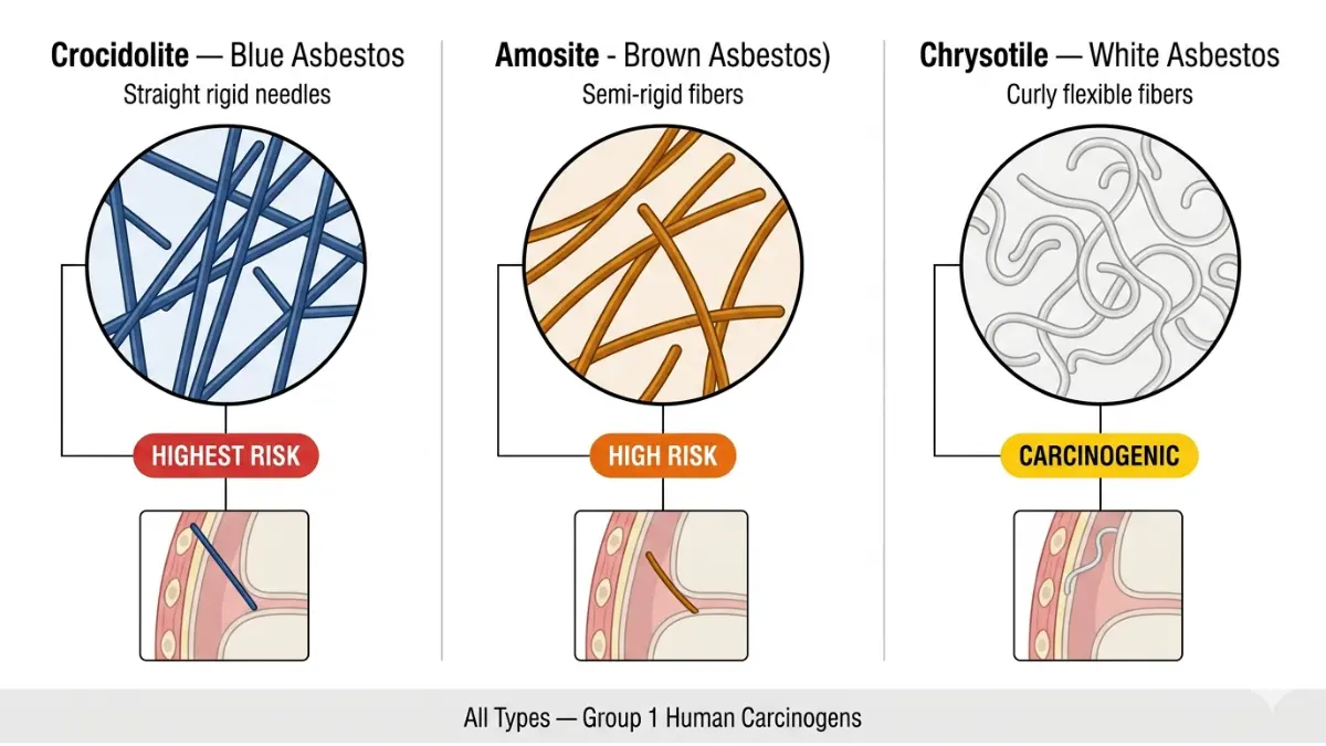 Asbestos Exposure fiber types comparison showing crocidolite amosite and chrysotile risk levels