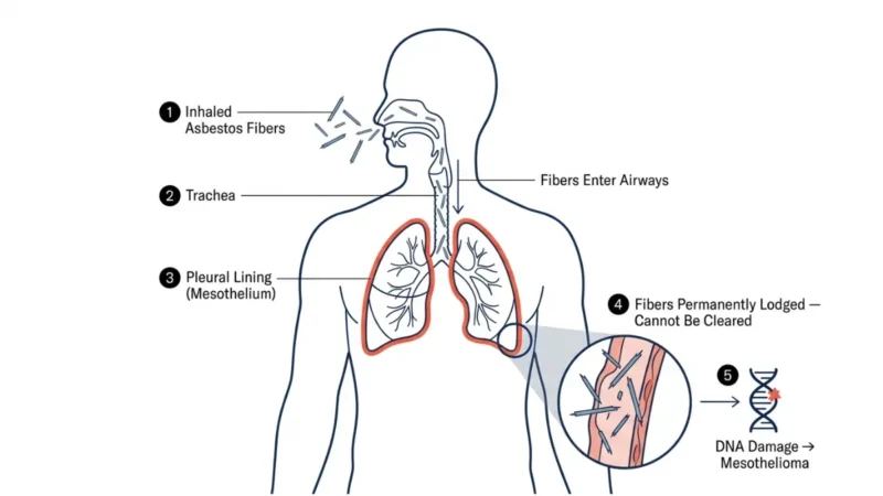 Asbestos Exposure inhalation pathway showing fibers entering lungs and causing pleural mesothelioma DNA damage