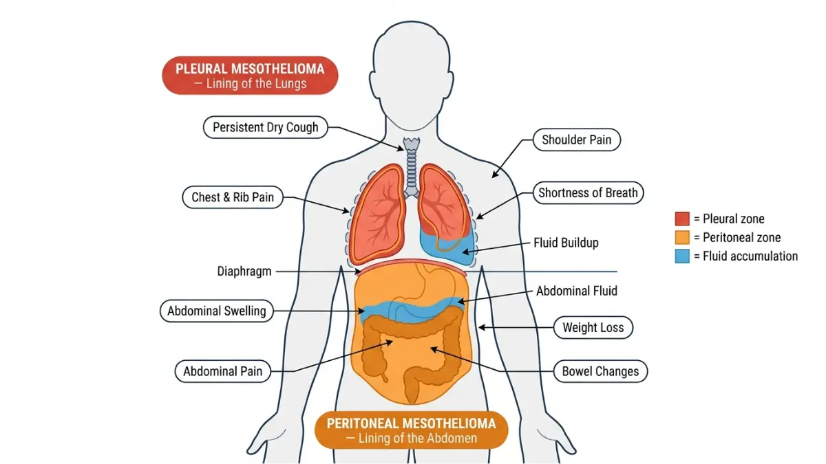 Asbestos Exposure pleural vs peritoneal mesothelioma symptoms anatomy comparison diagram
