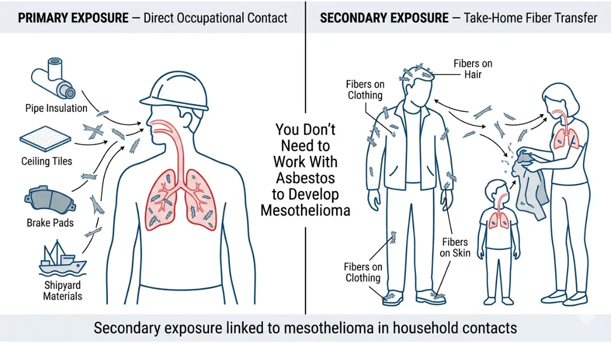 Asbestos Exposure primary occupational exposure and secondary take home exposure comparison diagram