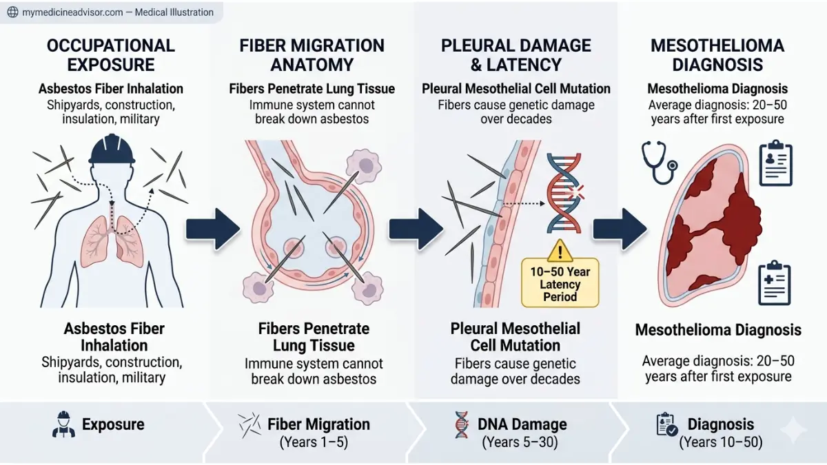 Mesothelioma Financial Aid pathway diagram showing how asbestos fibers travel from inhalation to pleural damage and mesothelioma diagnosis step by step