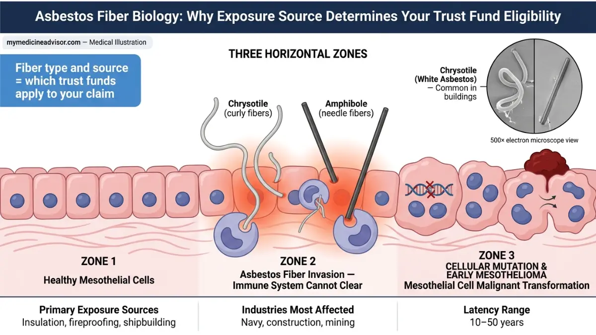 Mesothelioma Financial Aid cellular anatomy diagram showing chrysotile and amphibole asbestos fibers damaging mesothelial cells and causing cancer