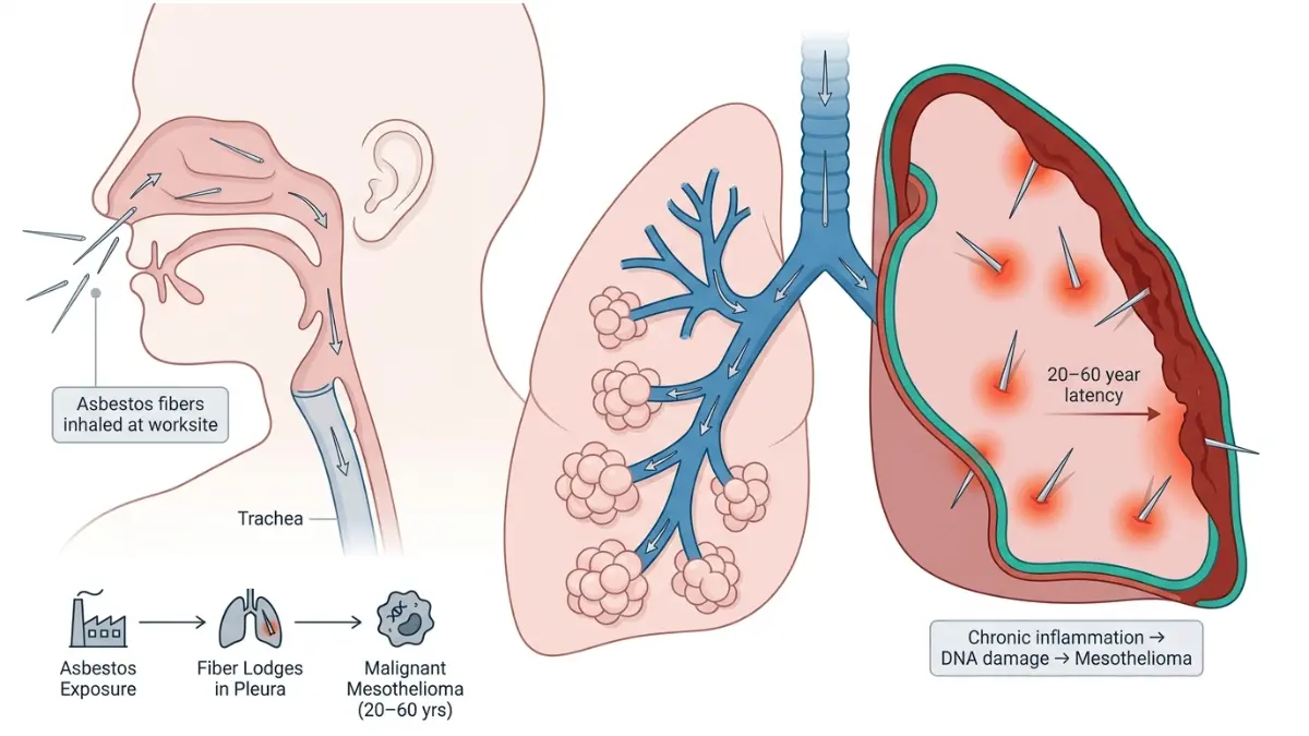mesothelioma lawsuit medical diagram showing asbestos fiber inhalation pathway through respiratory system into pleural lining causing mesothelioma over time